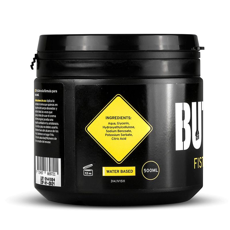 Ingredient label on the back of the BUTTR Fist Gel 500ml pot
