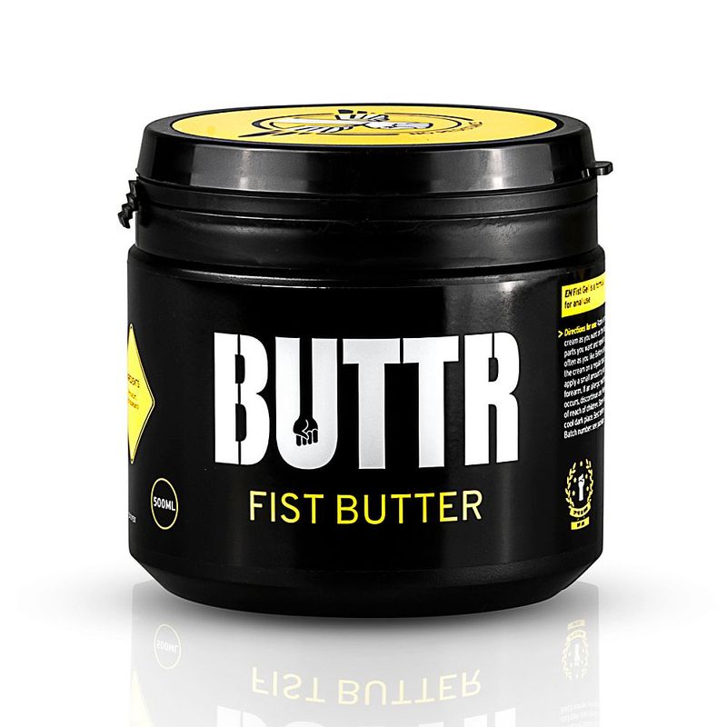 Closed black BUTTR Fist Butter 500ml tub with yellow lid and white brand lettering