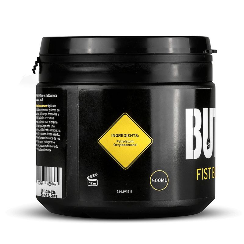 BUTTR Fist Butter rear label showing petrolatum and octyldodecanol ingredients and 500ml marking