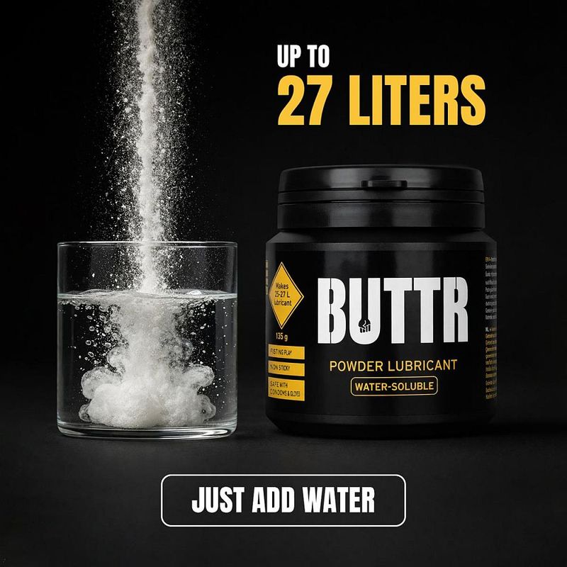 BUTTR Powder Lube promotional image showing powder added to water and the up to 27 litres yield claim