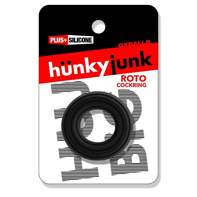 Black Hunkyjunk Roto cock ring in Plus+SILICONE retail packaging