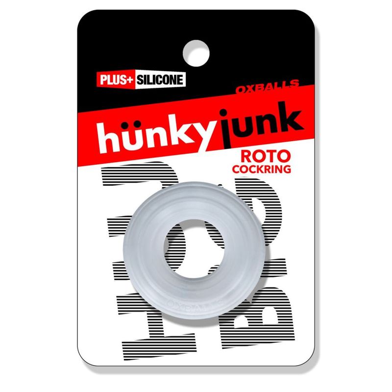 Clear Hunkyjunk Roto cock ring in Plus+SILICONE retail packaging
