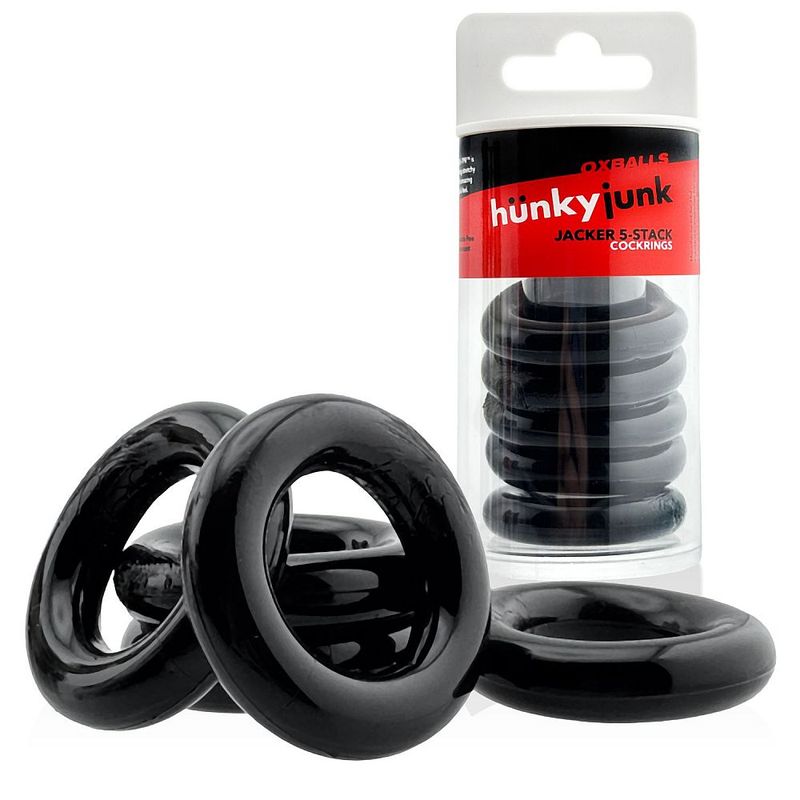 Hunkyjunk Jacker Stack Black five-ring set, reusable retail storage tube example with loose rings displayed alongside