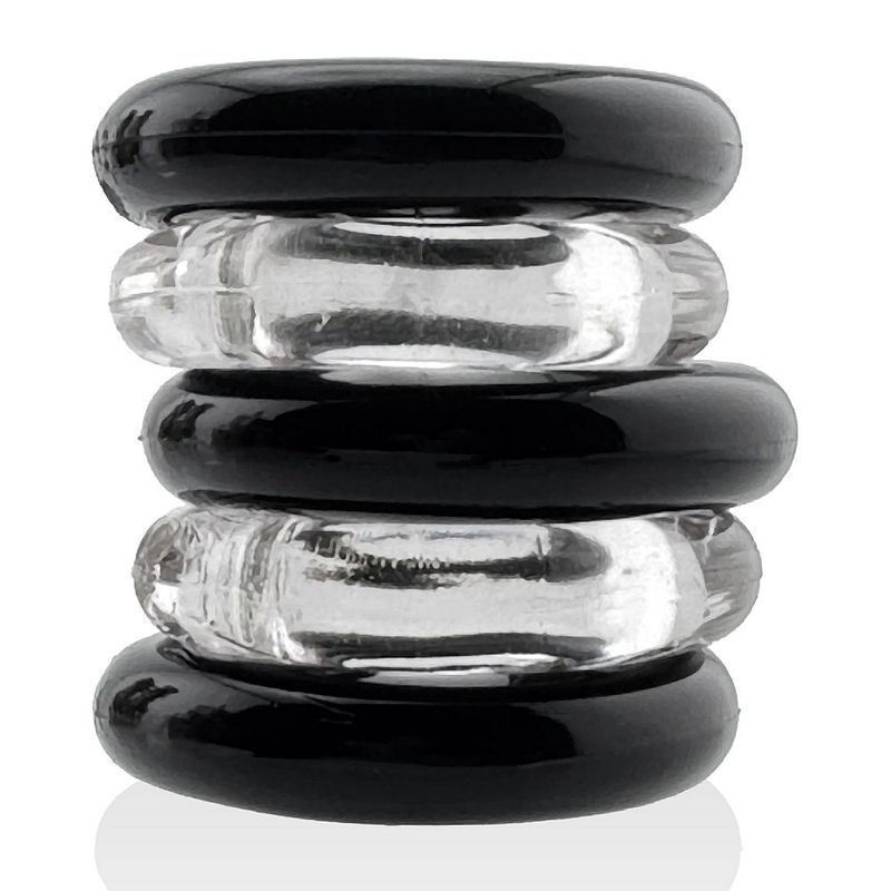 Hunkyjunk Jacker Stack Clear/Black five-ring set, three black and two clear rings stacked upright