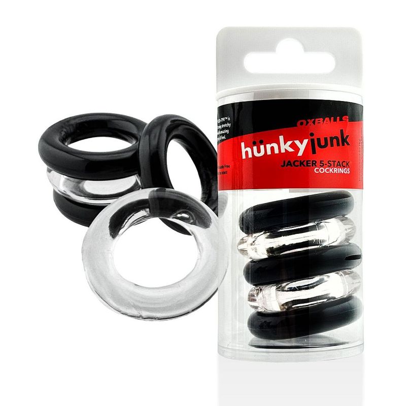 Hunkyjunk Jacker Stack Clear/Black five-ring set, reusable retail storage tube example with loose rings displayed alongside