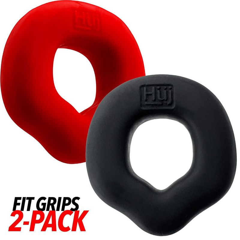 Hunkyjunk Fit Grips two-pack with one black and one red contoured cock ring