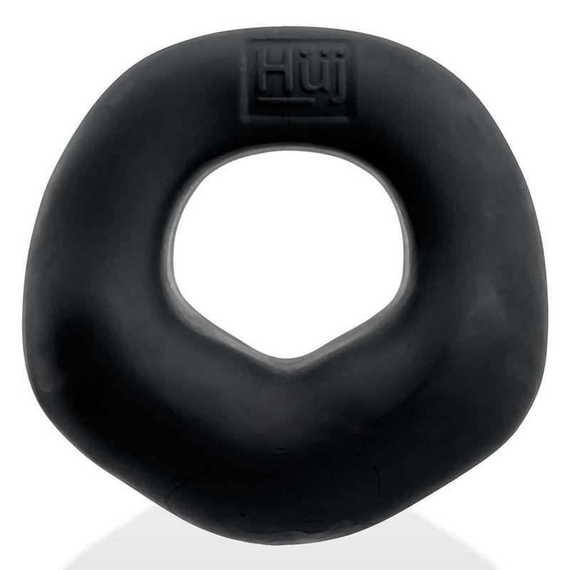 Front view of the black Hunkyjunk Fit Bulge cock ring and shaped opening