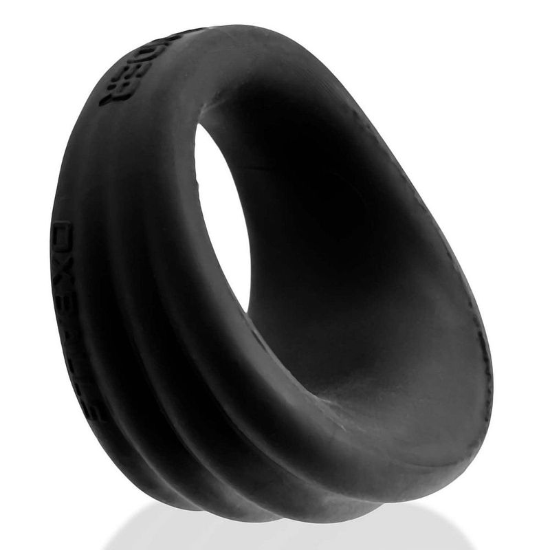 Black Hunkyjunk Expander Slim Scoop cock ring, angled view of the ribbed scoop