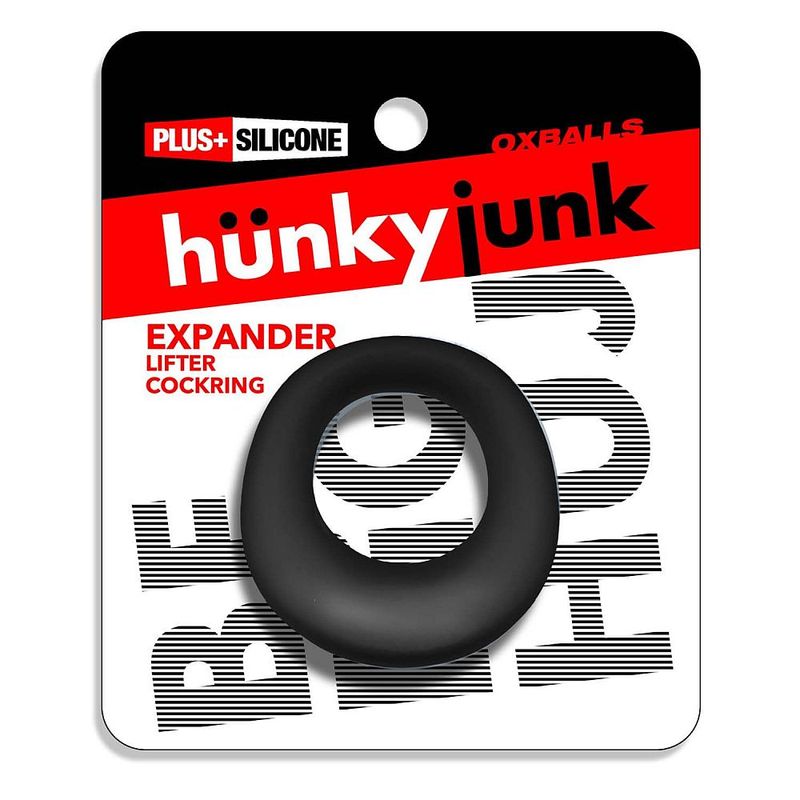Black Hunkyjunk Expander lifter cock ring in Plus+SILICONE retail packaging