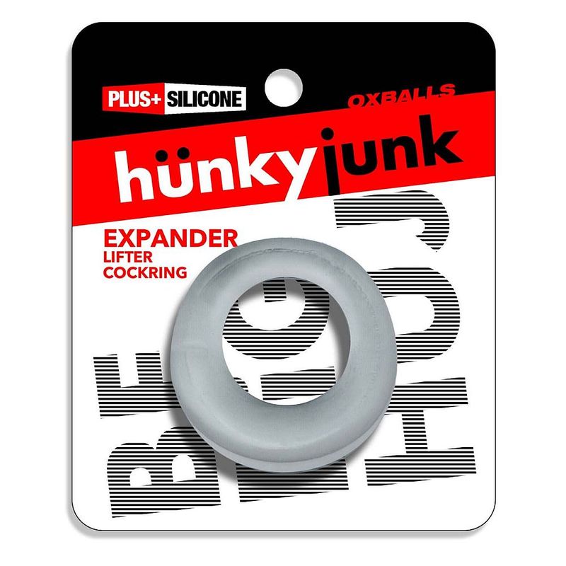 Clear Hunkyjunk Expander lifter cock ring in Plus+SILICONE retail packaging