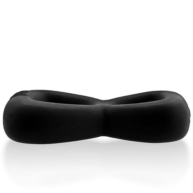 Side profile of the Black Boomerang double cock ring and ball stretcher