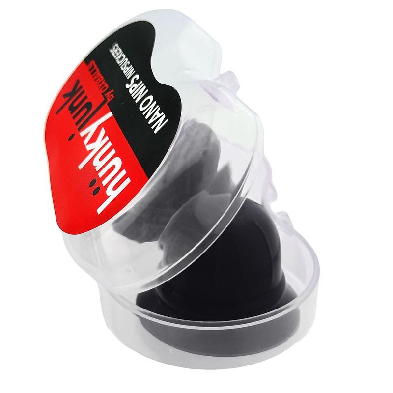 Hunkyjunk Nano Nips black silicone nipple suckers, pair shown in open storage case