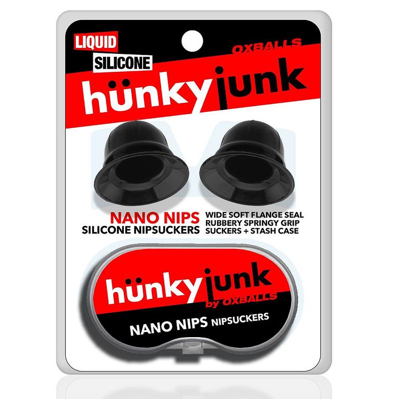 Hunkyjunk Nano Nips black silicone nipple suckers, retail packaging with pair and storage case