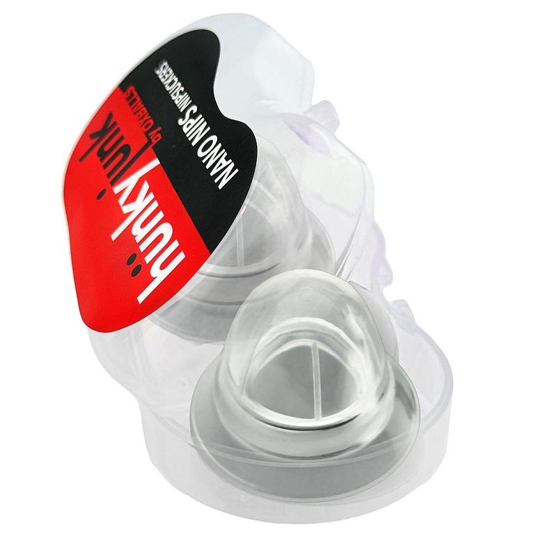 Hunkyjunk Nano Nips clear silicone nipple suckers, pair shown in open storage case
