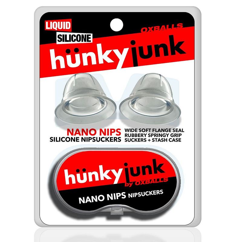 Hunkyjunk Nano Nips clear silicone nipple suckers, retail packaging with pair and storage case