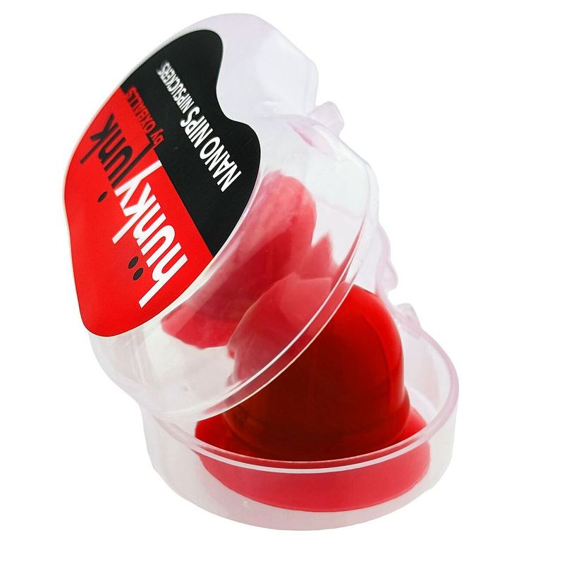 Hunkyjunk Nano Nips red silicone nipple suckers, pair shown in open storage case