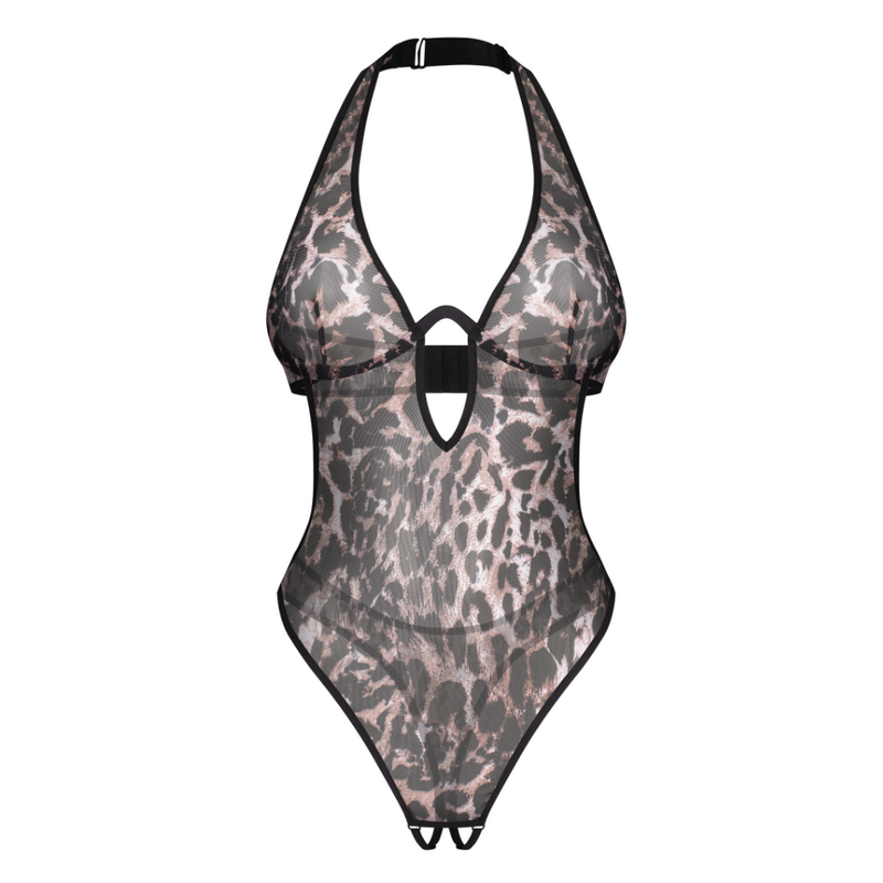 Flat garment view of Addia sheer leopard-print crotchless teddy with black edging and halter-neck shape