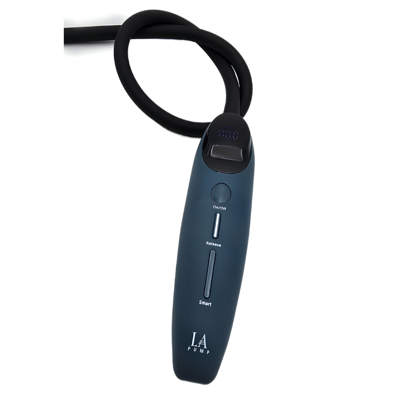 Dark-blue Hush Pump 2.0 handheld pump with black tubing