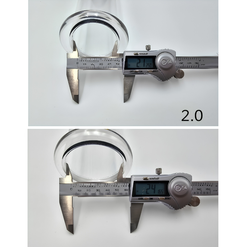 LA Pump elliptical cylinder sizing photo labelled 2.0, with two calliper views of the opening