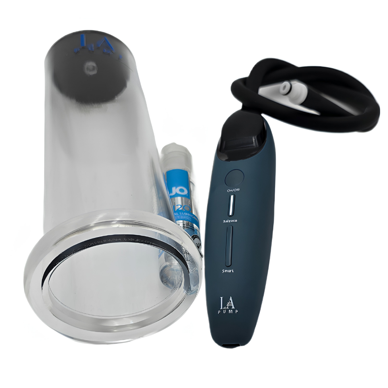 LA Pump Hush Pump 2.0 package illustration with clear cylinder, handheld pump, black tubing and pictured lubricant bottle