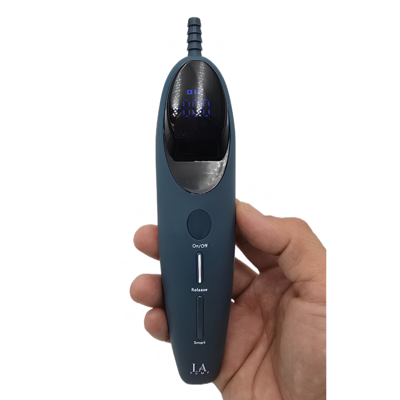 Hush Pump 2.0 held in a hand, showing illuminated display and On/Off, Release and Smart buttons