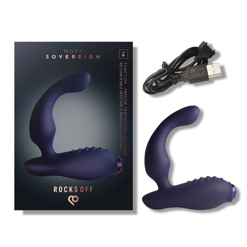 Rocks Off Nova Sovereign purple prostate vibrator with its retail box and USB cable