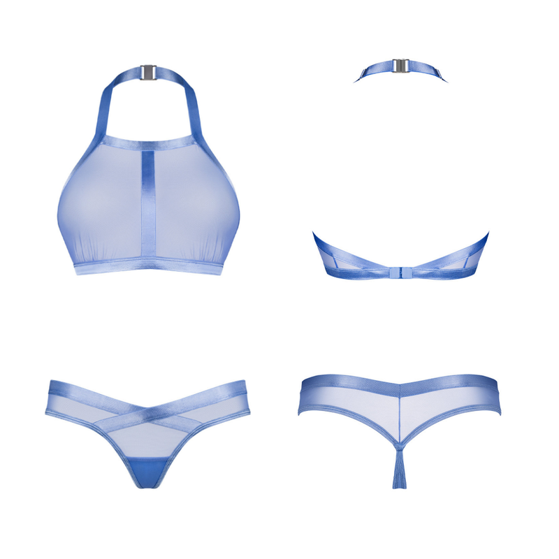 Front and back garment views of Shaderi sheer blue top and matching thong with contrasting trim