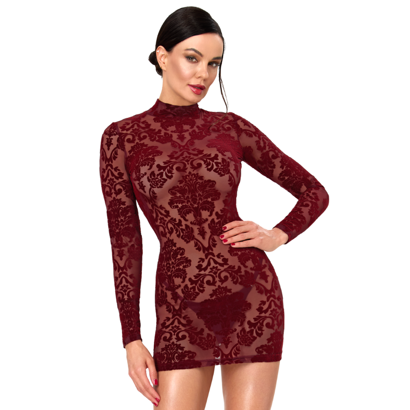 Noir Handmade F423 Masquerade burgundy open-back mini dress, model front view of flocked floral tulle and high collar