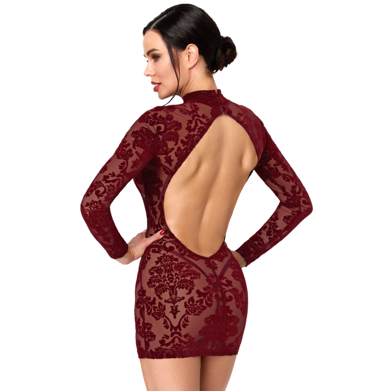 Noir Handmade F423 Masquerade burgundy open-back mini dress, rear close view showing large open back and neck fastening