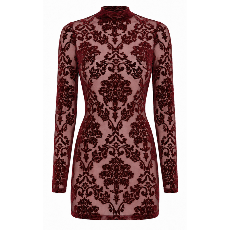 Noir Handmade F423 Masquerade burgundy open-back mini dress, garment-only front view of floral flocked tulle