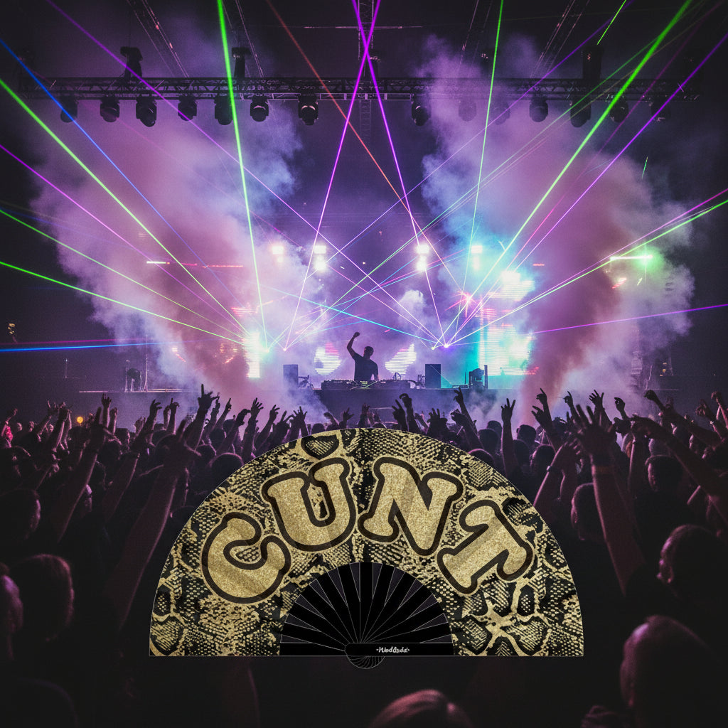 Cunt Folding Hand Fan – Glittery Gold Rave Attitude