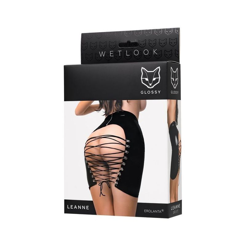 Glossy Leanne Wet-Look Mini Skirt – Tie-Back Tease (Black)