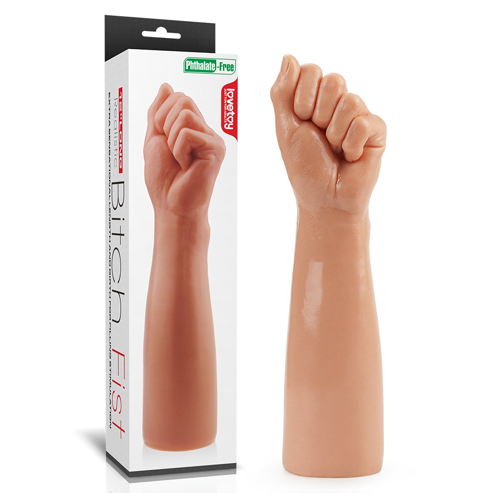 LoveToy King Size Realistic Fist Dildo in a light tone beside its retail box with phthalate-free labelling