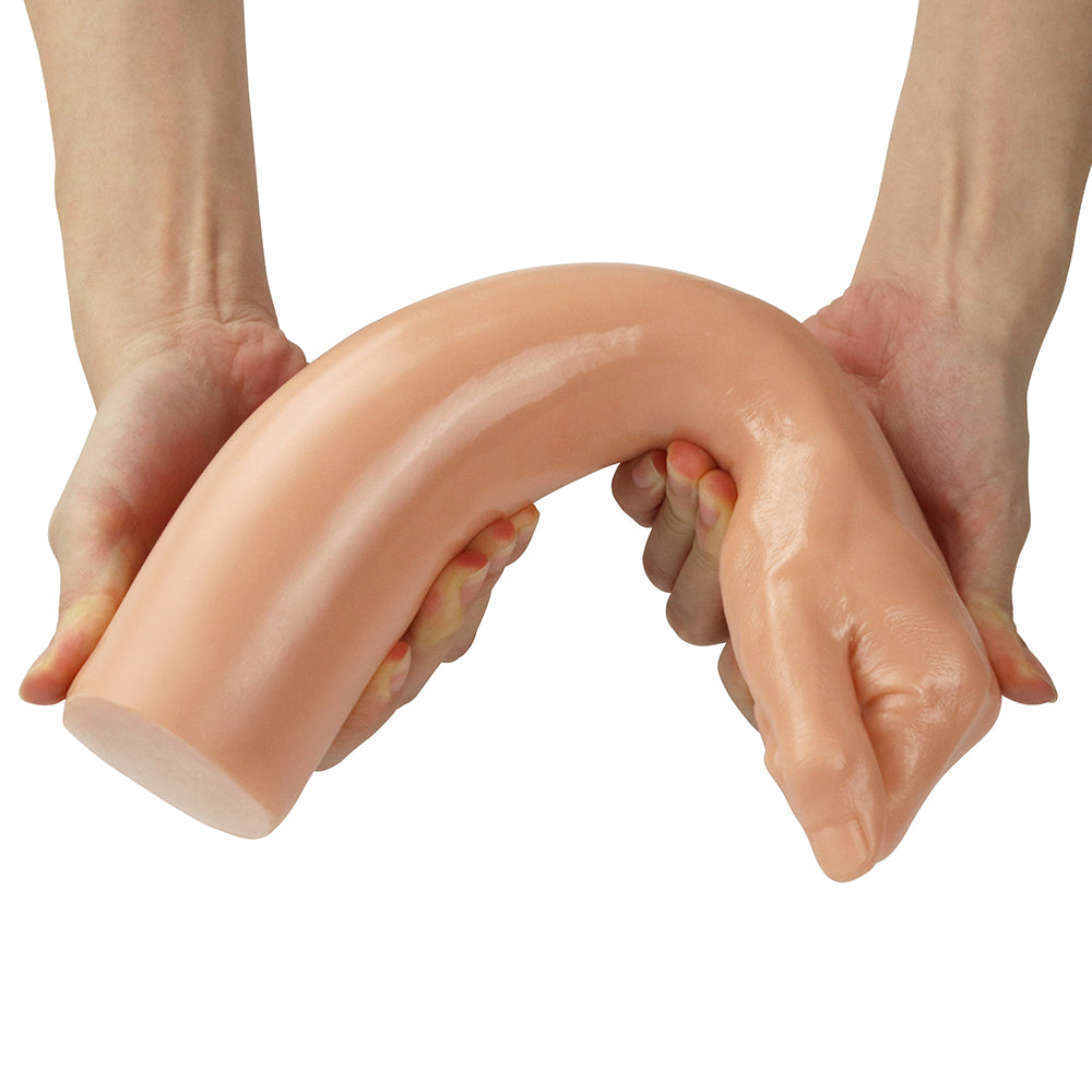 Hands bending the flexible PVC forearm of the LoveToy Realistic Fist Dildo