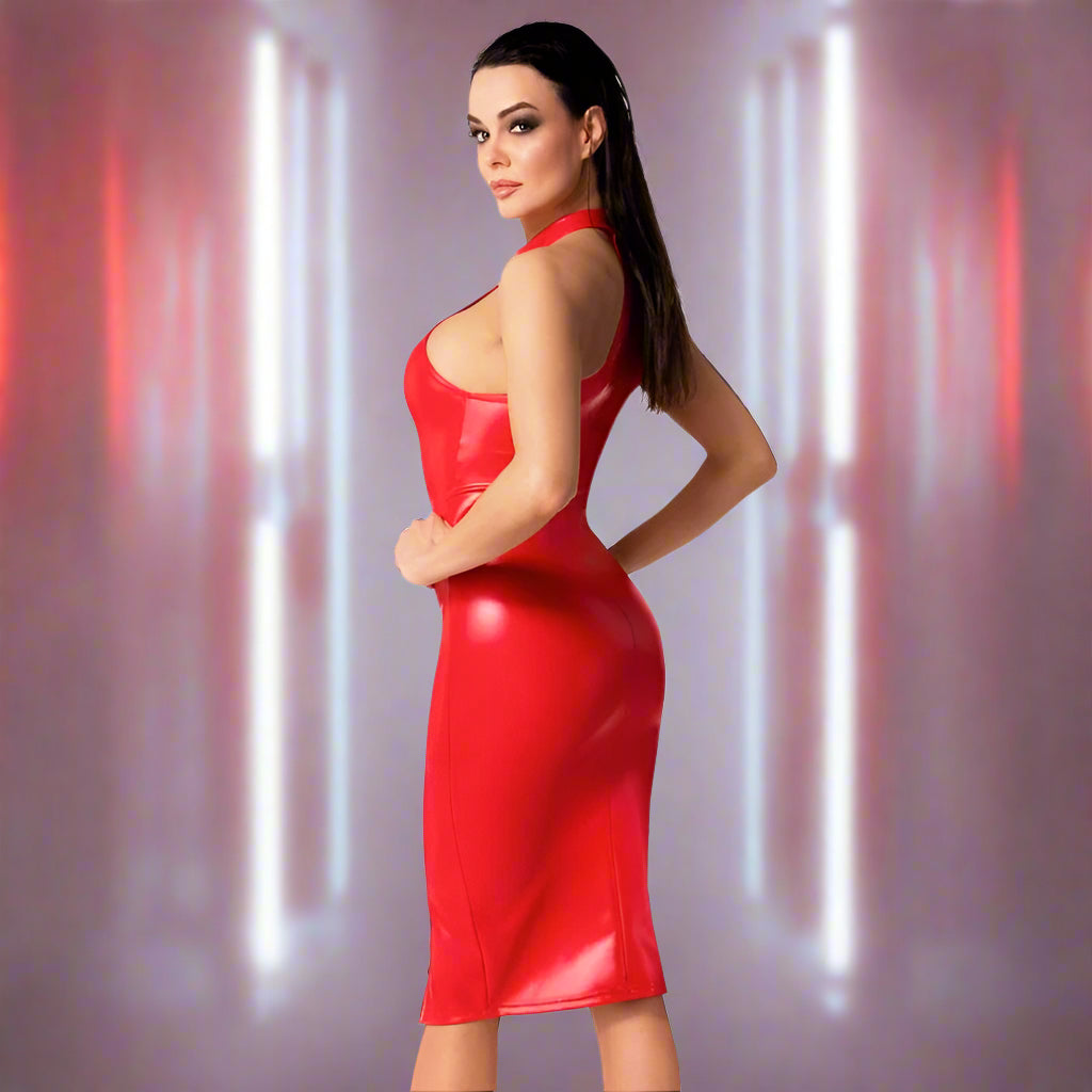 Noir Orgia Red Power Wetlook Midi Dress – Zip-Front Halter