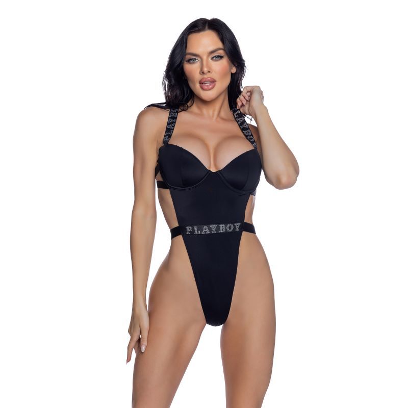 PlayBoy Black High‑Leg 1 Piece Swimsuit with Rhinestone Logo