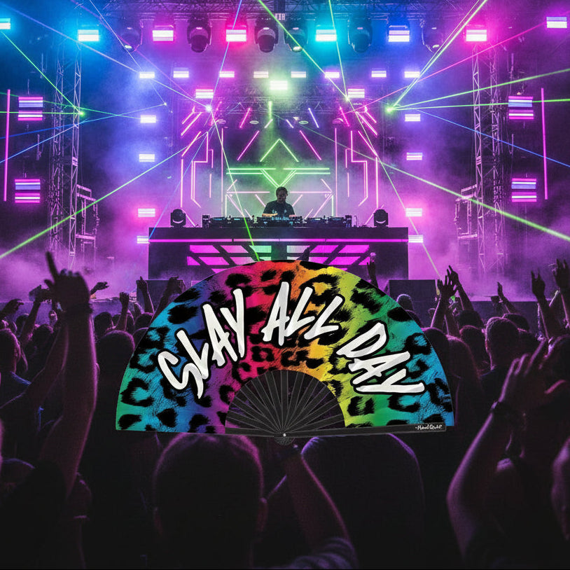 Slay All Day Folding Hand Fan – Rainbow Leopard Realness