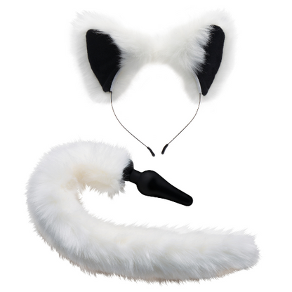 White Fox Tail Butt Plug with Ears Set White