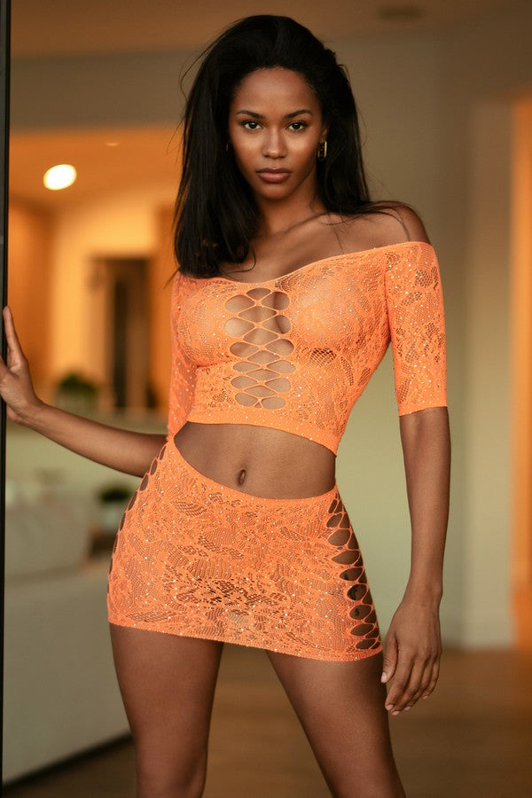 Killer Legs Diamond In The Rough rhinestone lingerie set in orange, front view of off-shoulder crossover top and cut-out mini skirt