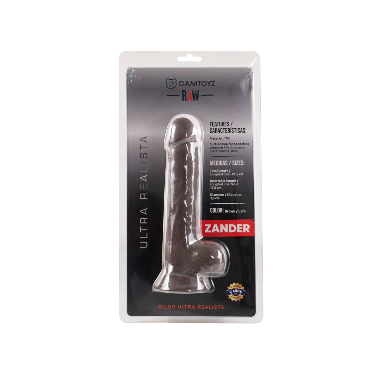 RAW Zander in CamToyz packaging showing TPE material, suction base and product measurements