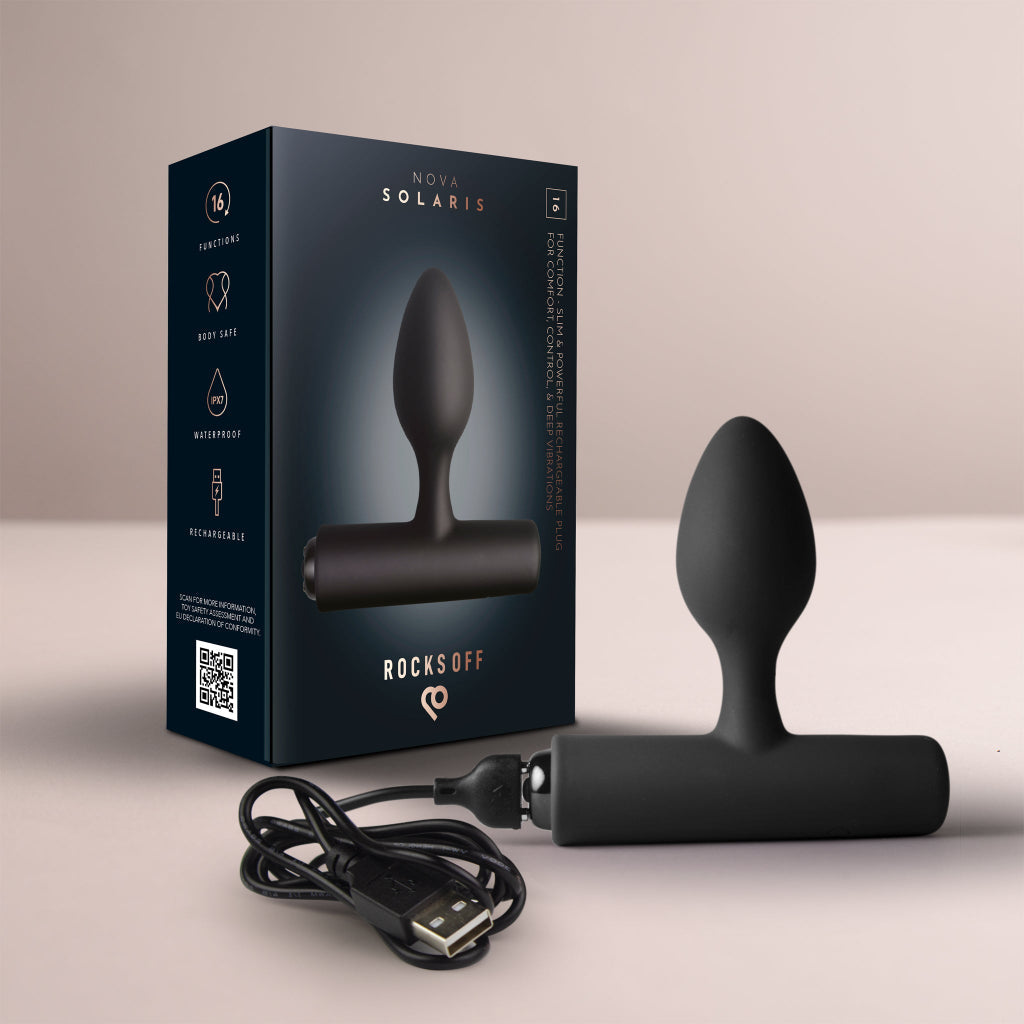 Rocks Off Nova Solaris black vibrating butt plug with its Solaris retail box and magnetic USB cable