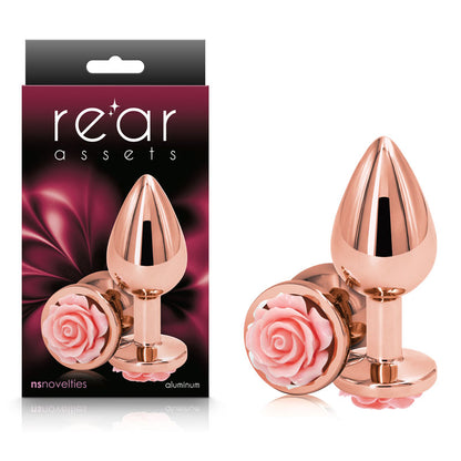 Medium Rose Gold Metal Butt Plug with Pink Rose Base