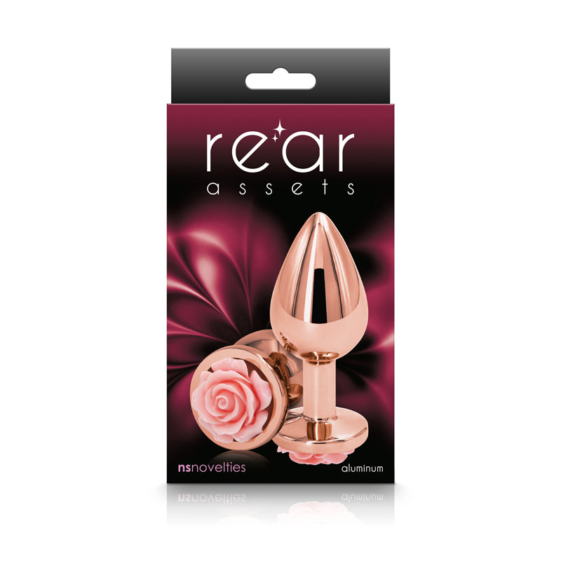 Medium Rose Gold Metal Butt Plug with Pink Rose Base