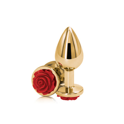 Medium Gold Metal Butt Plug with Red Rose Base