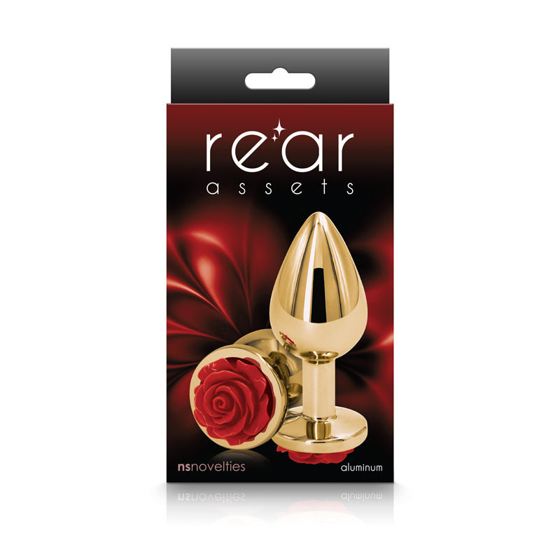 Medium Gold Metal Butt Plug with Red Rose Base