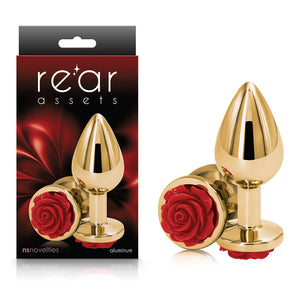 Medium Gold Metal Butt Plug with Red Rose Base