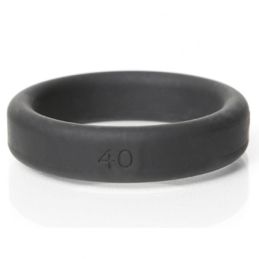 Side view of the black Boneyard silicone cock ring with a 40 size marking