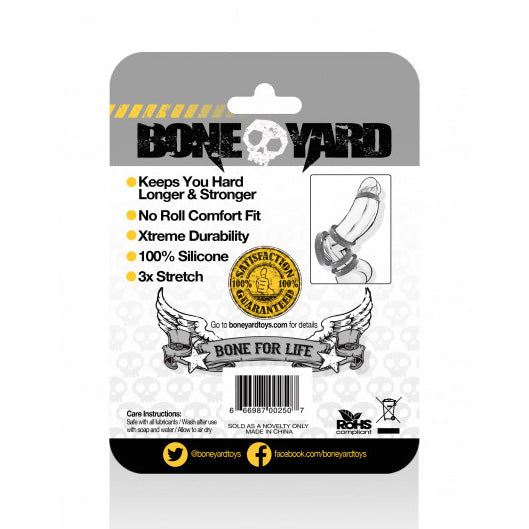 Rear Boneyard silicone ring packaging card showing features and care instructions